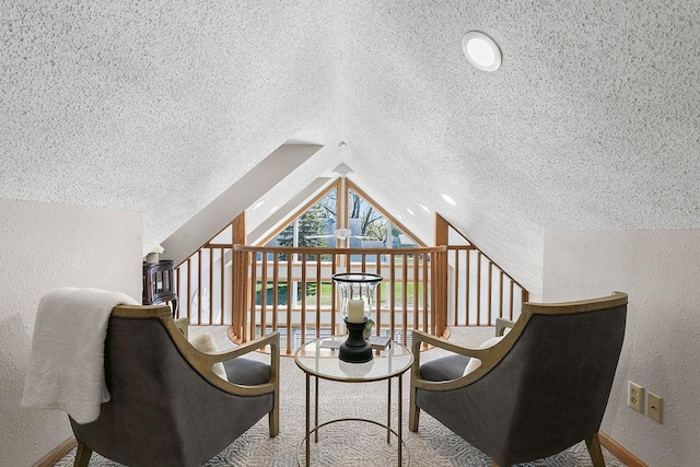 681 4th St NE, Little Falls, MN 56345 - sitting room featuring a textured wall, a textured ceiling, vaulted ceiling, and baseboards