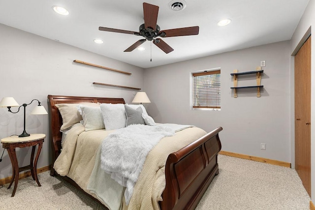 681 4th St NE, Little Falls, MN 56345 - bedroom with light colored carpet, recessed lighting, baseboards, and a ceiling fan