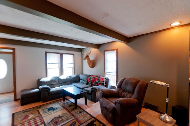 living area with beamed ceiling, plenty of natural light, and light wood-style floors