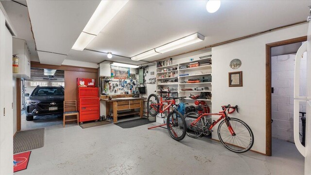 garage with a workshop area