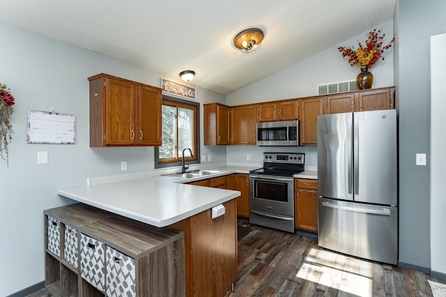 192 Harrison Ave SE, Racine, MN 55967 - kitchen with appliances with stainless steel finishes, a sink, a peninsula, vaulted ceiling, and brown cabinetry