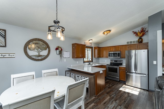 192 Harrison Ave SE, Racine, MN 55967 - kitchen featuring appliances with stainless steel finishes, a sink, a peninsula, brown cabinets, and dark wood-type flooring