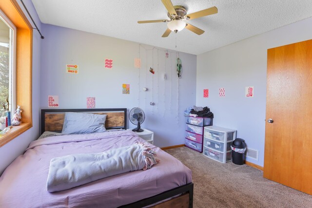 18071 Lincoln Cir NW, Elk River, MN 55330 - bedroom with carpet floors, a textured ceiling, a ceiling fan, and baseboards