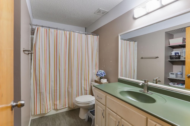 18071 Lincoln Cir NW, Elk River, MN 55330 - full bathroom with a textured ceiling, wood finished floors, toilet, vanity, and curtained shower