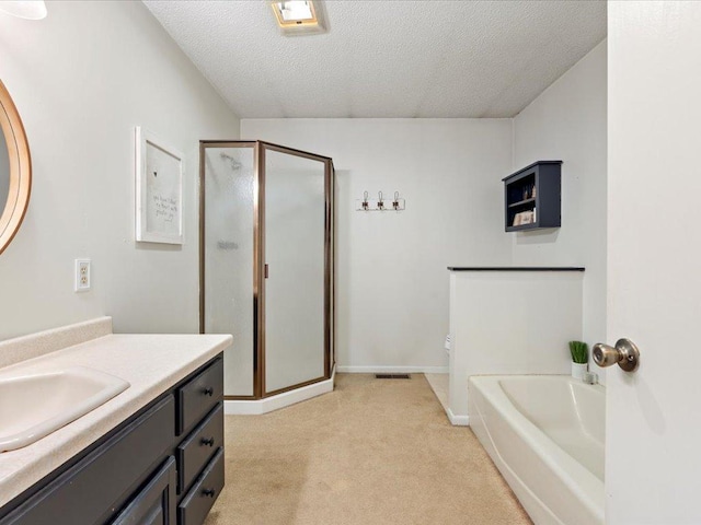 19531 Pine Landing Dr, Grand Rapids, MN 55744 - full bath with a stall shower, vanity, a textured ceiling, and a bath