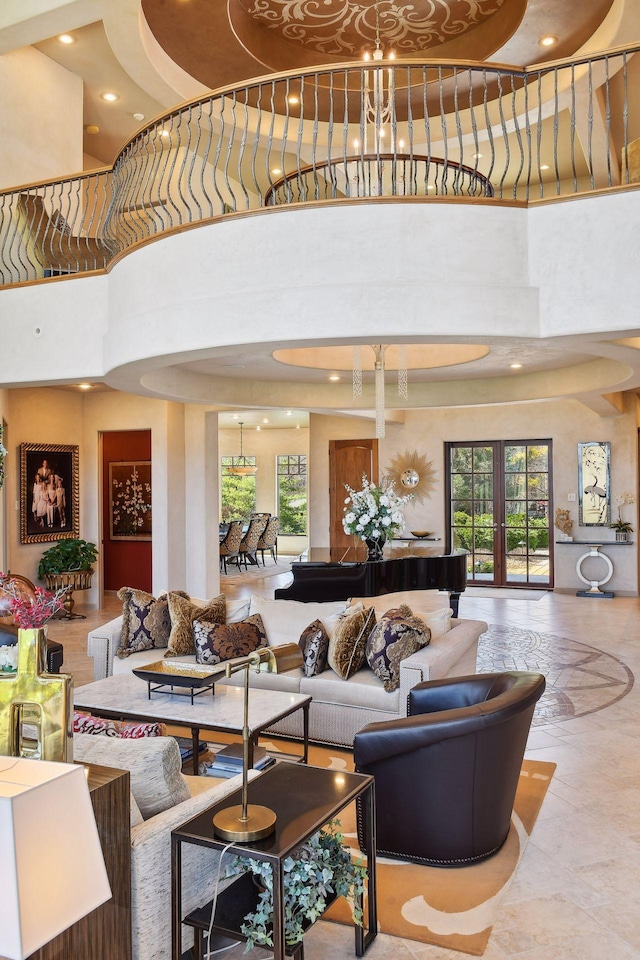 1860 Shoreline Dr, Orono, MN 55391 - living area featuring a chandelier, a towering ceiling, and recessed lighting