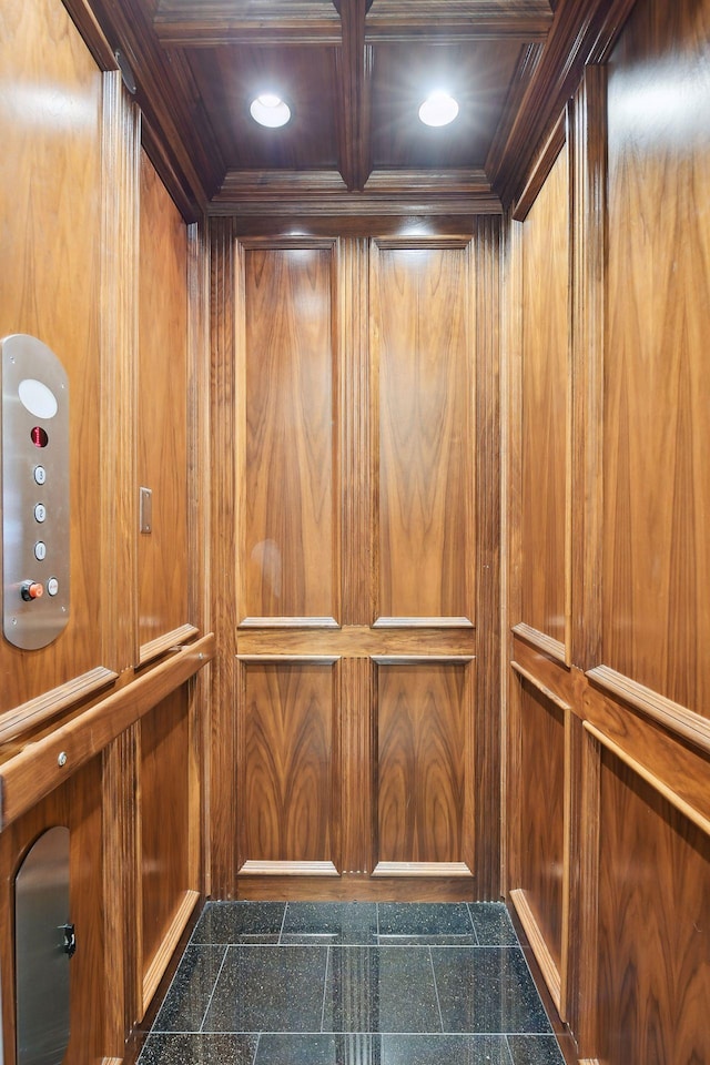 1860 Shoreline Dr, Orono, MN 55391 - elevator featuring wood walls, wood ceiling with exposed beams, ornamental molding, recessed lighting, and coffered ceiling