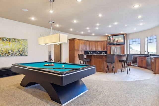 1860 Shoreline Dr, Orono, MN 55391 - playroom with light colored carpet, wine cooler, bar with sink, recessed lighting, and billiards table