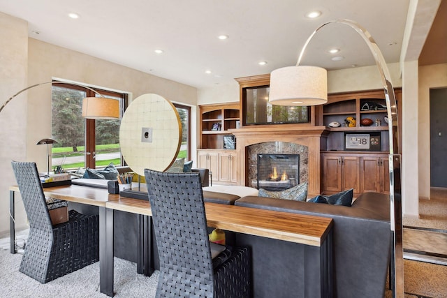 1860 Shoreline Dr, Orono, MN 55391 - dining space with carpet flooring, a high end fireplace, recessed lighting, and baseboards