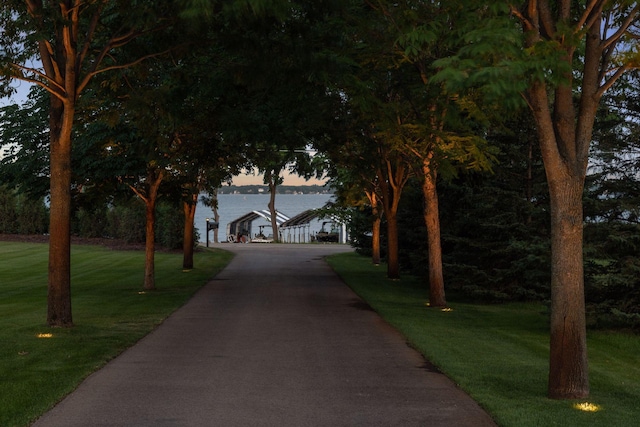 1860 Shoreline Dr, Orono, MN 55391 - view of property hidden behind natural elements with a water view, a front lawn, and driveway