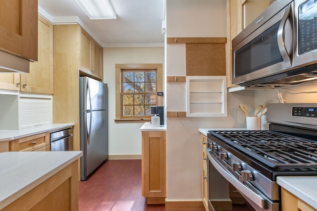 kitchen featuring stainless steel appliances, light countertops, light brown cabinets, baseboards, and open shelves