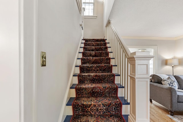 staircase with wood finished floors, crown molding, and a towering ceiling