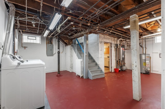 below grade area with washer and dryer, gas water heater, electric panel, and stairway
