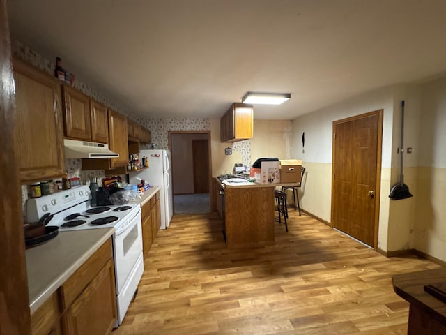 2526 Garnet Ave, Slayton, MN 56172 - kitchen with under cabinet range hood, light countertops, light wood-style flooring, and white appliances