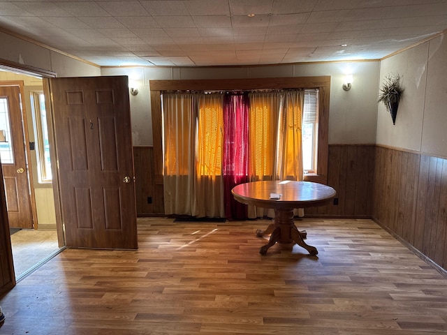 2526 Garnet Ave, Slayton, MN 56172 - dining space featuring ornamental molding, wood walls, a wainscoted wall, and wood finished floors