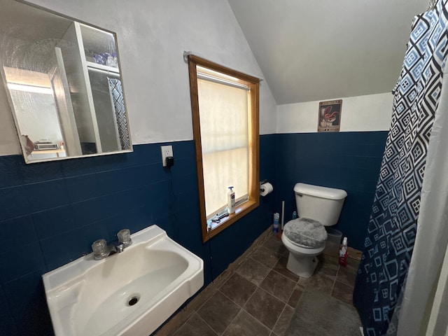 2526 Garnet Ave, Slayton, MN 56172 - bathroom with tile walls, toilet, lofted ceiling, and a sink