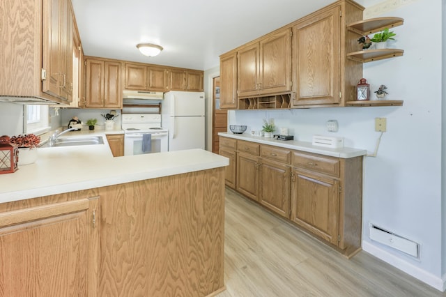 kitchen featuring white appliances, open shelves, under cabinet range hood, and light wood-style flooring