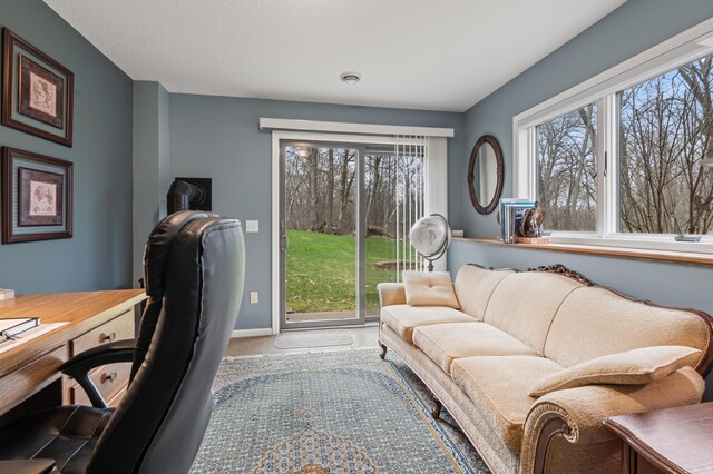 home office with carpet floors and baseboards