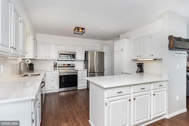kitchen featuring stainless steel appliances, a sink, tasteful backsplash, and white cabinets