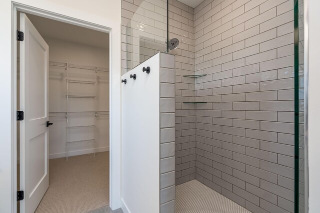 bathroom with a walk in shower and a walk in closet