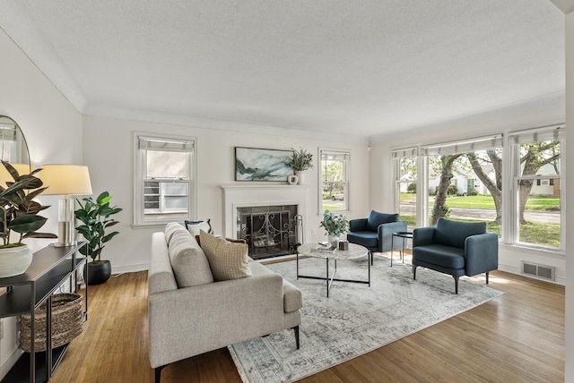 living area with a glass covered fireplace, wood finished floors, a textured ceiling, and baseboards
