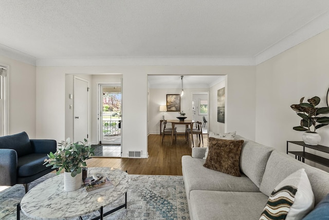 living area with wood finished floors and crown molding