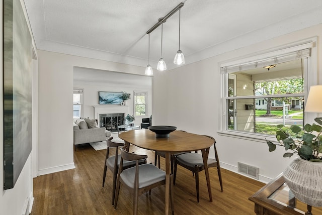 dining room with wood finished floors, a fireplace, plenty of natural light, and a textured ceiling