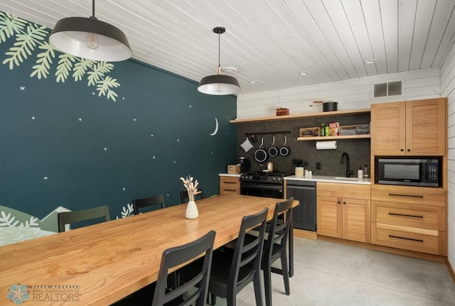 21574 State 200, Rice Twp, MN 56621 - kitchen with black appliances, wood ceiling, pendant lighting, a sink, and open shelves