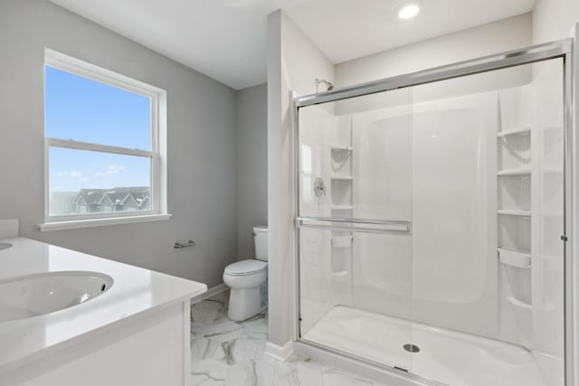 6746 Wildflower Way, Minnetrista, MN 55331 - bathroom with a shower stall, toilet, marble finish floors, and recessed lighting