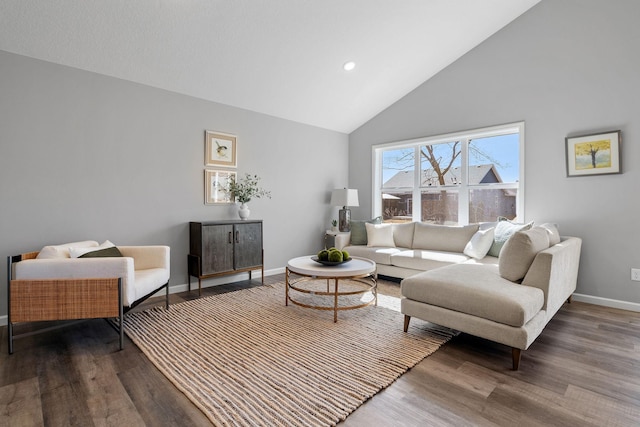 living room with recessed lighting, wood finished floors, baseboards, and high vaulted ceiling