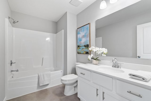 bathroom featuring bathing tub / shower combination, toilet, visible vents, and vanity