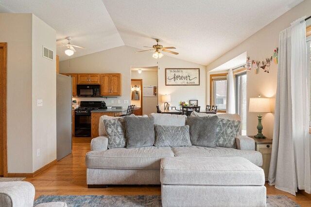 404 6th St NW, New Richland, MN 56072 - living area featuring ceiling fan, vaulted ceiling, light wood-style flooring, and baseboards