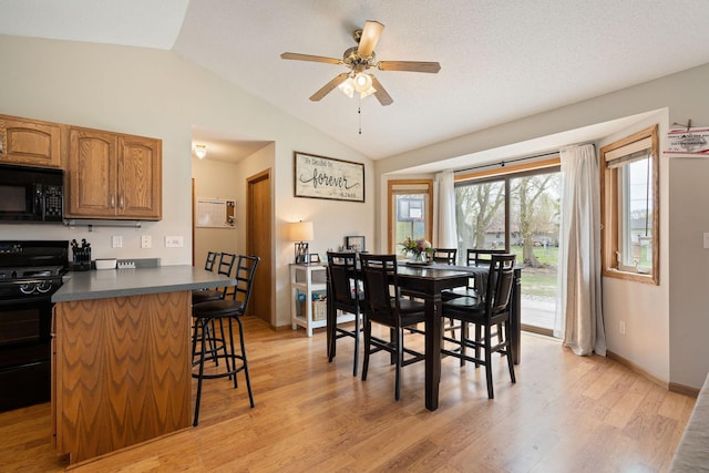 404 6th St NW, New Richland, MN 56072 - dining space with vaulted ceiling, light wood-type flooring, a ceiling fan, and baseboards