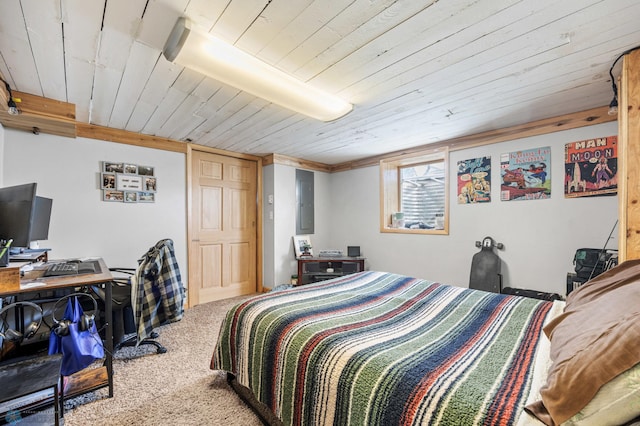 carpeted bedroom with wood ceiling