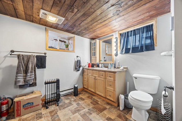 bathroom with a baseboard radiator, stone finish floor, toilet, radiator heating unit, and wood ceiling