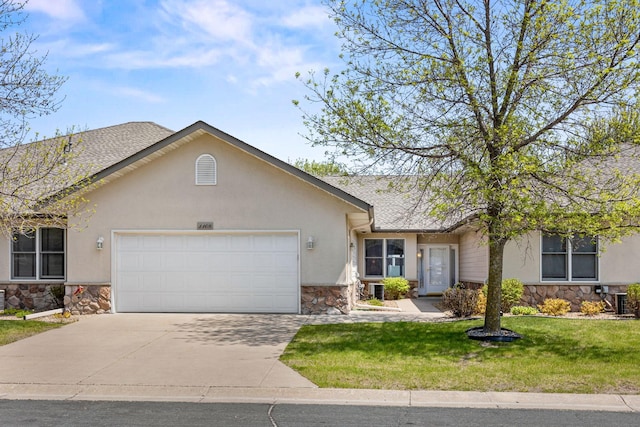 1108 Village St SE, New Prague, MN 56071 - single story home with stone siding, a garage, and stucco siding
