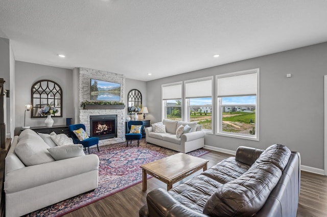 825 Spancil Hill Vw, Woodbury, MN 55129 - living room with wood finished floors, baseboards, a stone fireplace, recessed lighting, and a textured ceiling