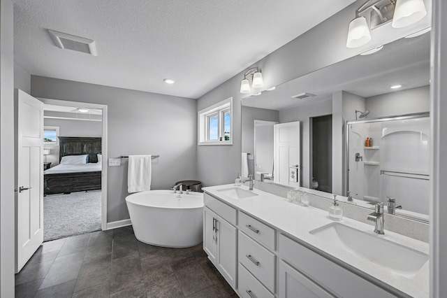 825 Spancil Hill Vw, Woodbury, MN 55129 - bathroom with double vanity, a freestanding tub, a shower stall, ensuite bath, and a textured ceiling