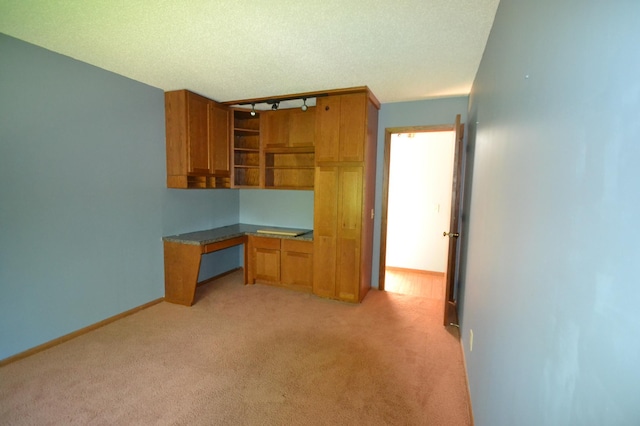 20 Windsor Ln Unit 303A, New Brighton, MN 55112 - kitchen with light carpet, brown cabinets, baseboards, and a textured ceiling