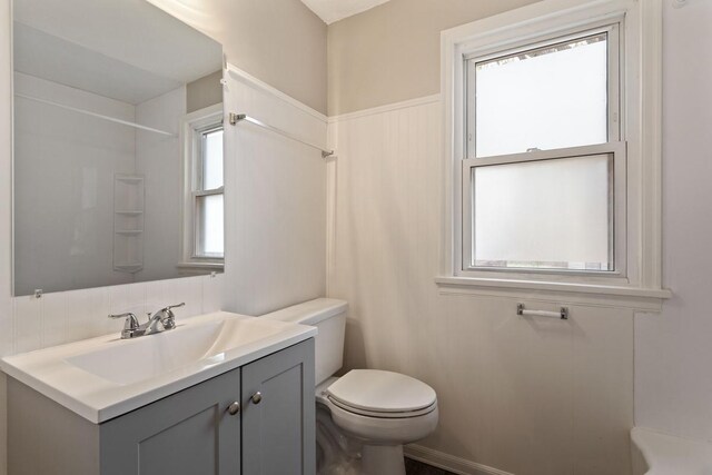 bathroom with toilet, vanity, and a shower