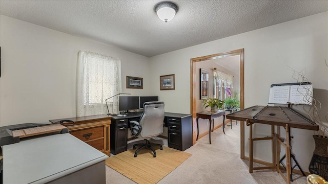 office with light carpet and a textured ceiling