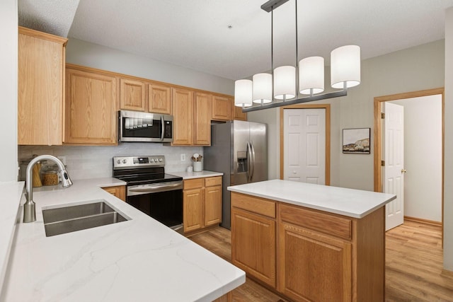 13700 54th Ave N Unit 405, Plymouth, MN 55446 - kitchen featuring stainless steel appliances, a sink, decorative backsplash, light wood-type flooring, and a center island