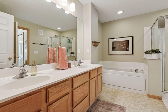 13700 54th Ave N Unit 405, Plymouth, MN 55446 - full bath with a shower stall, a bath, double vanity, and recessed lighting