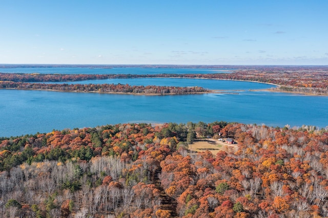drone / aerial view of a nearby body of water and a forest