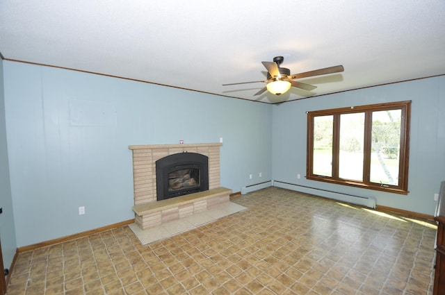 unfurnished living room featuring baseboard heating, a ceiling fan, baseboards, and a fireplace