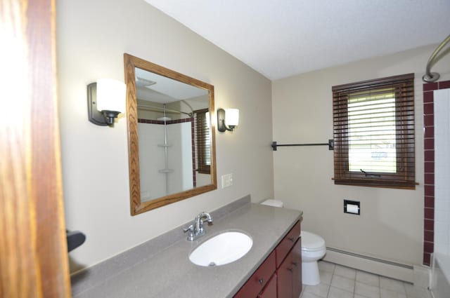 full bath with a baseboard radiator, toilet, tile patterned floors, and vanity