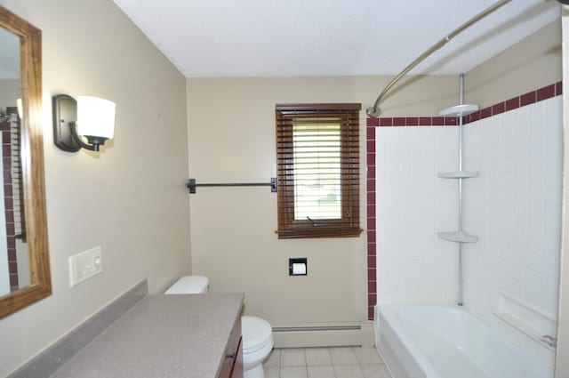 full bath featuring baseboard heating, toilet, baseboards, tile patterned flooring, and vanity