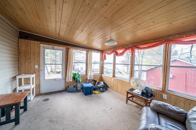 29501 Maplewood Rd Autumn, Unit Autumn, Callaway, MN 56521 - sunroom with wood walls, wooden ceiling, and carpet flooring