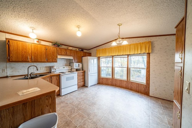 29501 Maplewood Rd Autumn, Unit Autumn, Callaway, MN 56521 - kitchen with white appliances, a sink, ornamental molding, brown cabinets, and under cabinet range hood