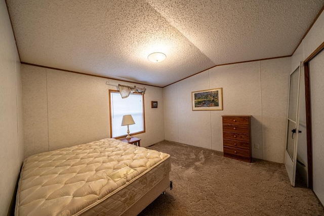 29501 Maplewood Rd Autumn, Unit Autumn, Callaway, MN 56521 - bedroom featuring lofted ceiling, carpet flooring, and a textured ceiling